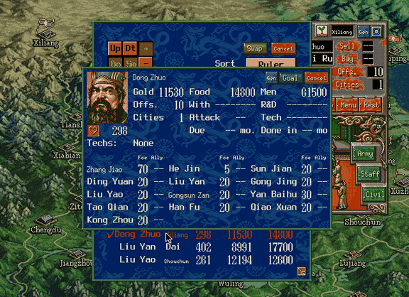 A ruler's card: Techs, and Foe and Ally over the other rulers