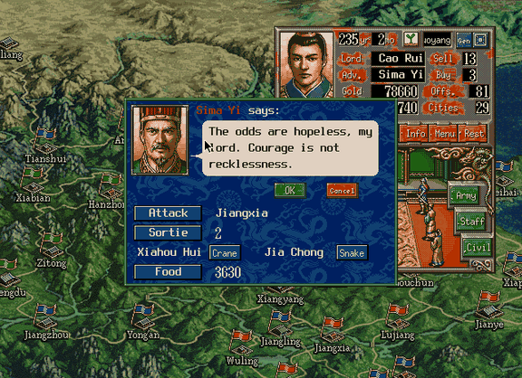 The sortie dialog: the adviser's three lines under his name